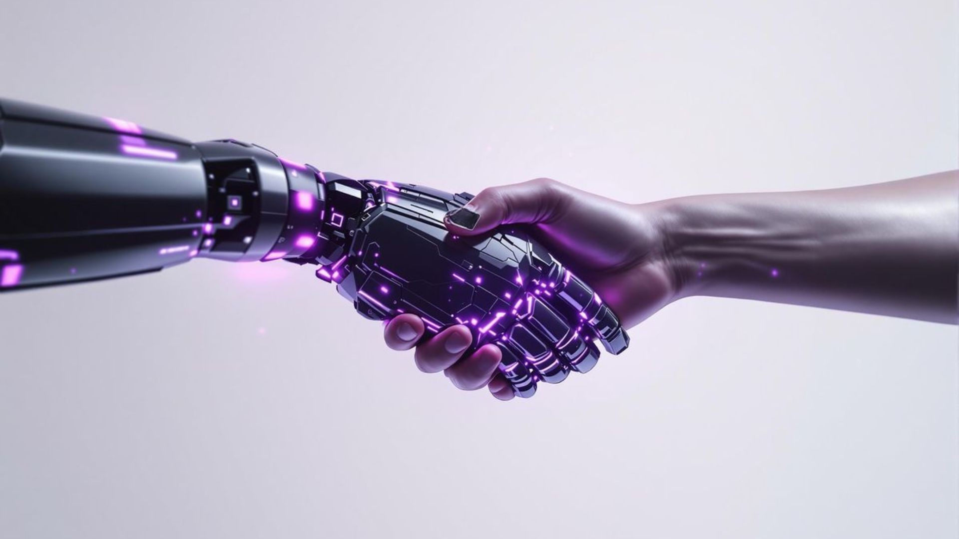 Human and AI robot handshake with glowing purple lights representing collaboration, automation, and digital transformation in modern industries.