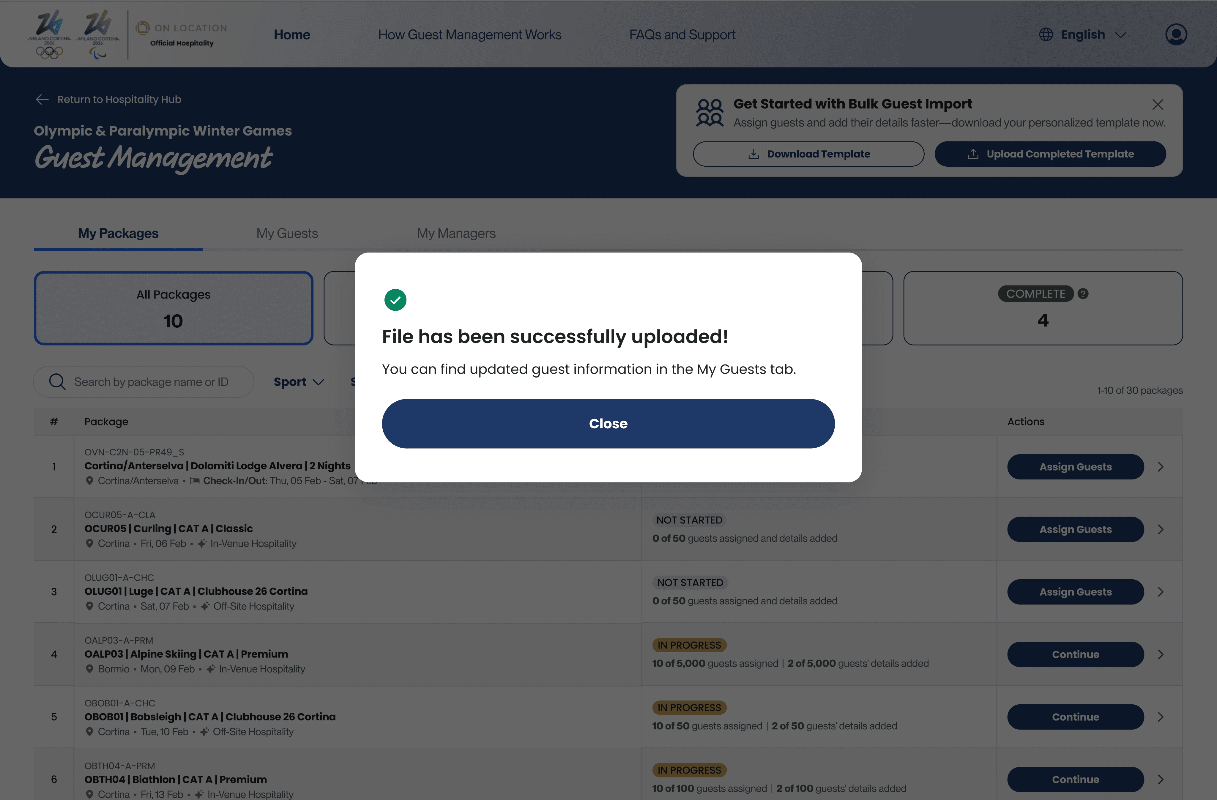 Upload template success dialog