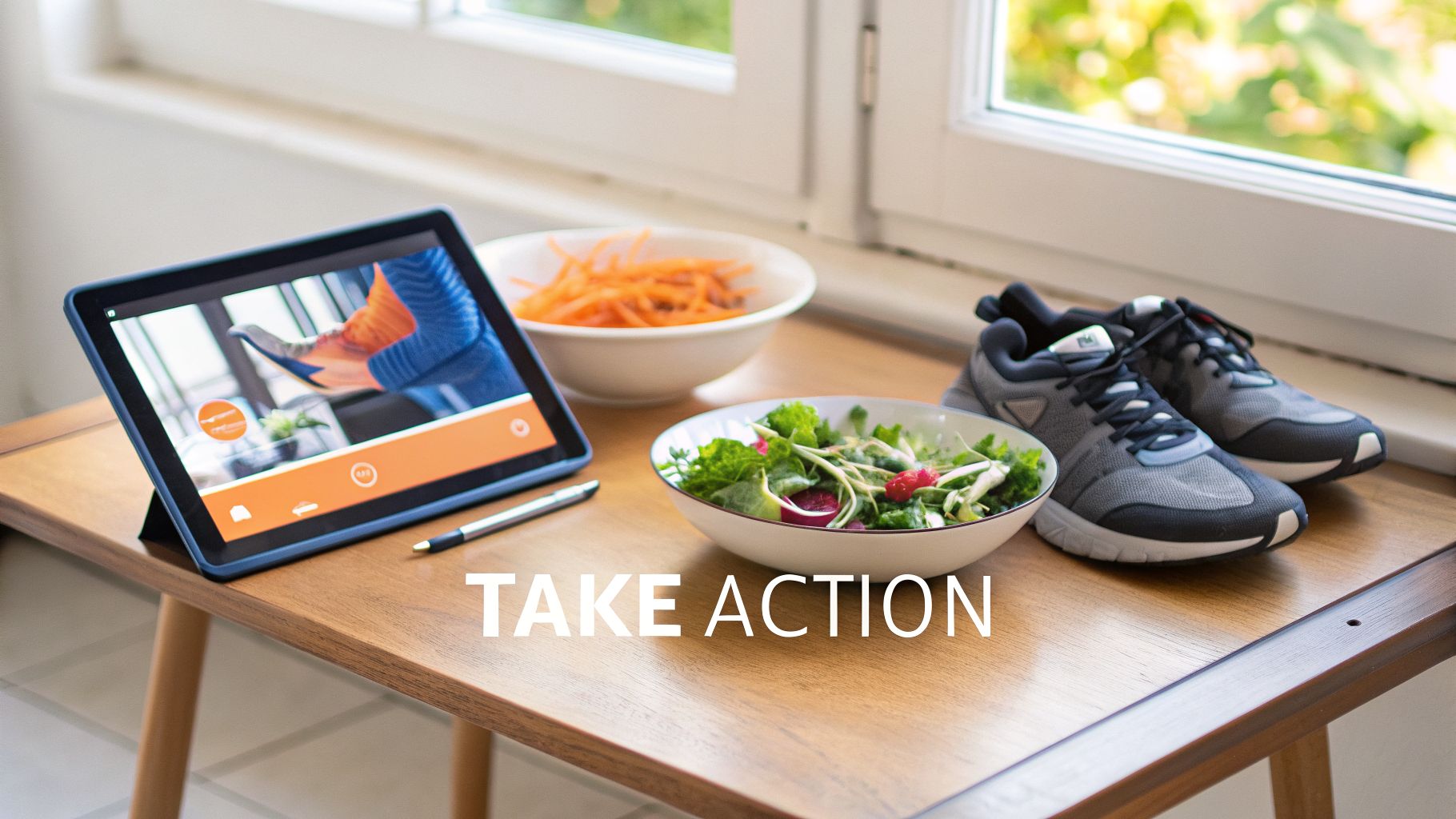 A tablet with a fitness app, healthy salad, carrots, and running shoes on a wooden table by a window.