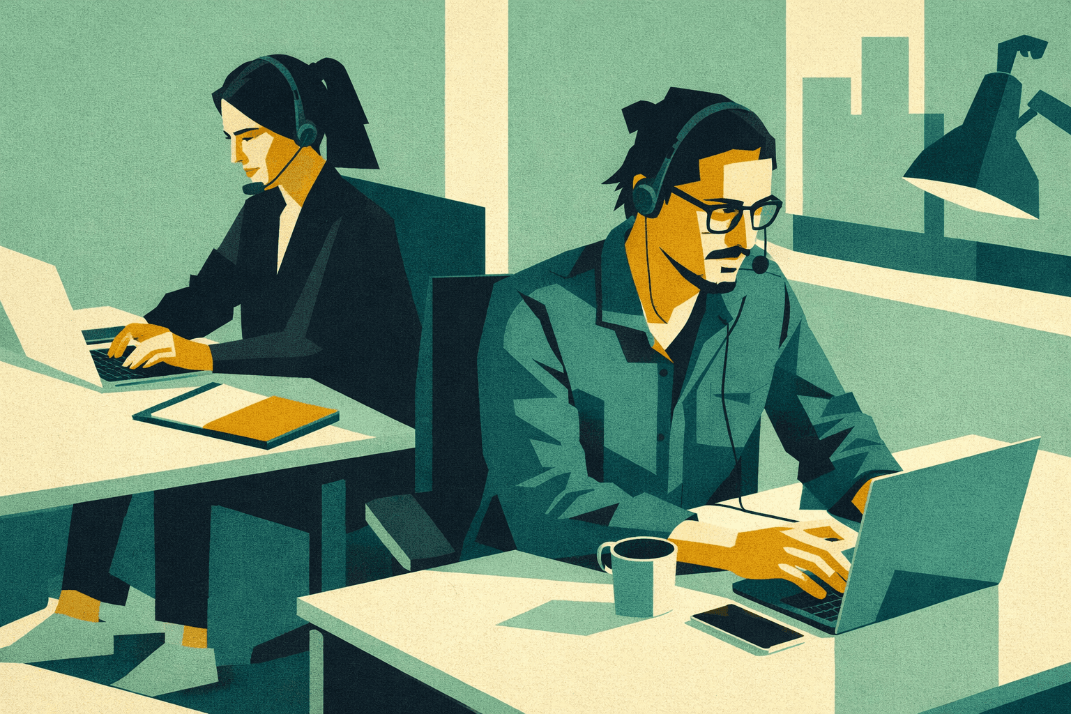 Giovani lavoratori junior in postazioni operative con cuffie e laptop, alle prese con il primo lavoro e nuove responsabilità