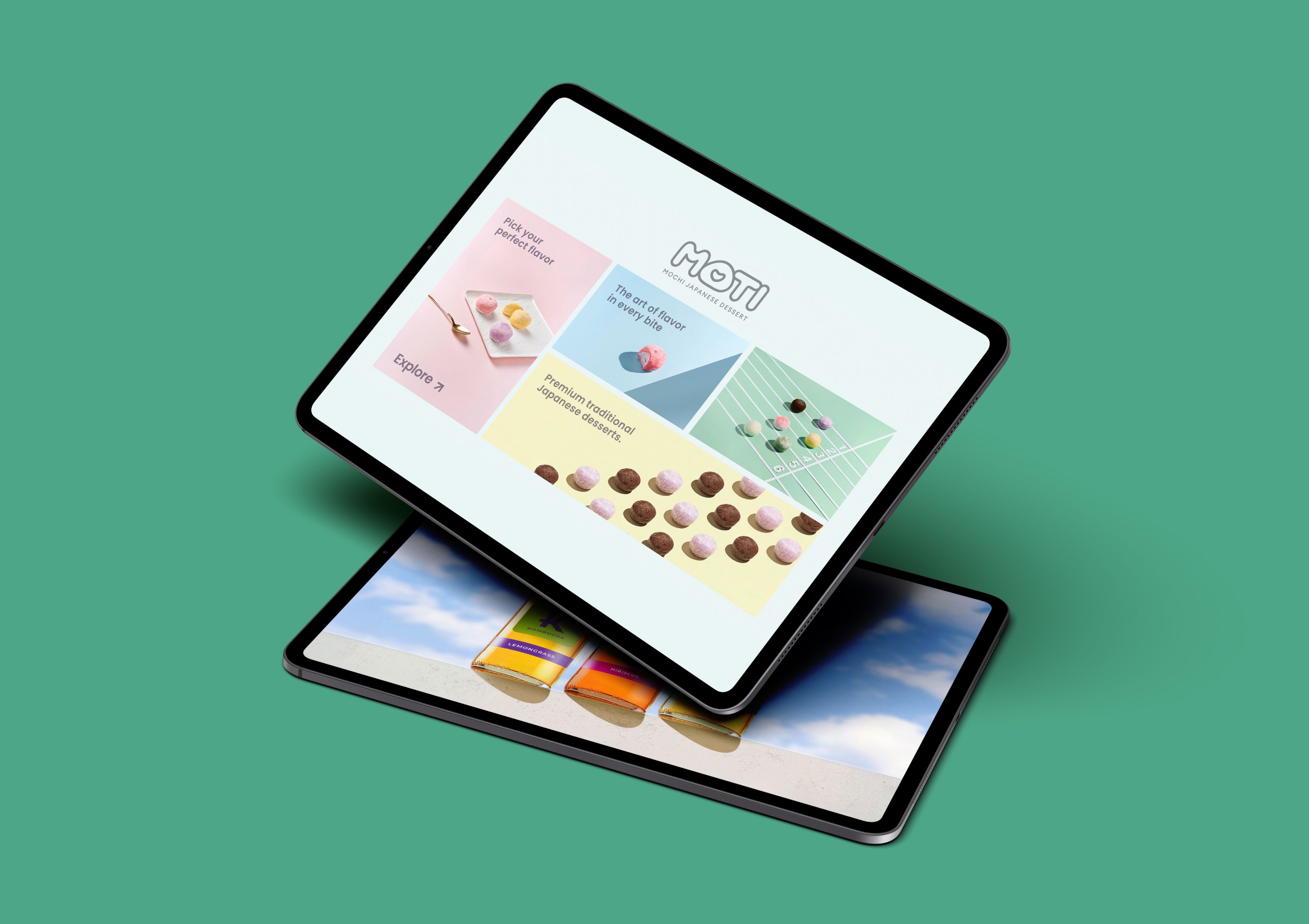 MOTI Japanese desserts and FYK Kombucha displayed on tablets showcasing OHYO’s product catalog website design.