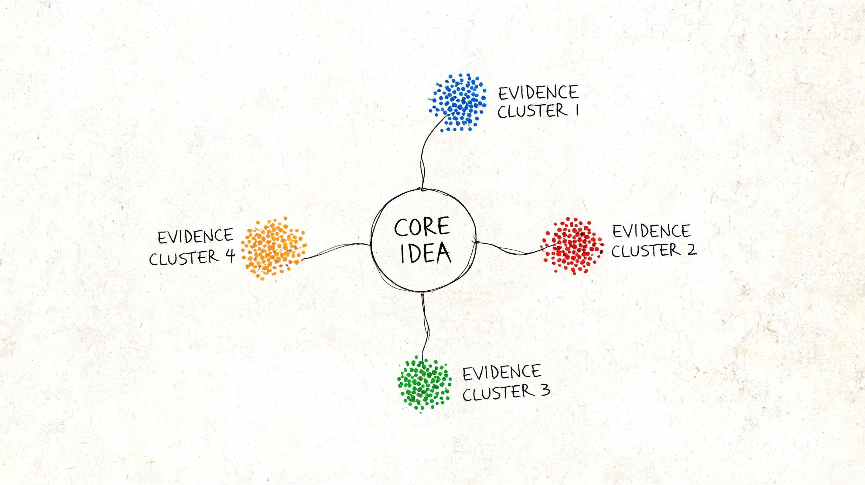 A diagram with a central circle labeled core idea connected to four colored dot clusters labeled evidence.
