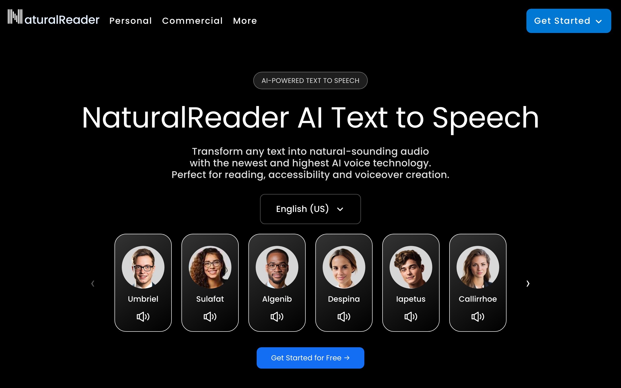 NaturalReader’s home page with a row of voices to try