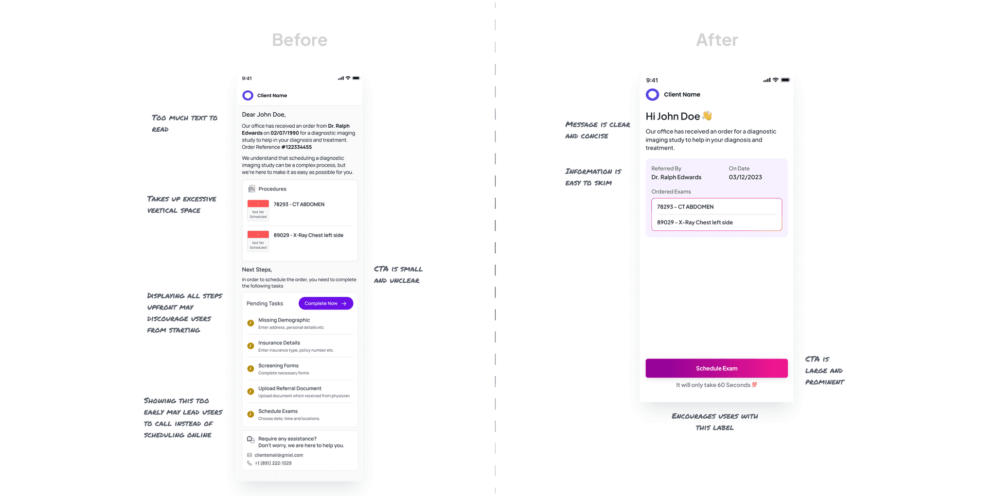 before and after ui screen of the welcome section with annotation of design thinking.
