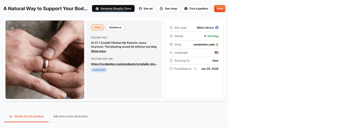 Minea product ad view with Meta status, store link, and product actions