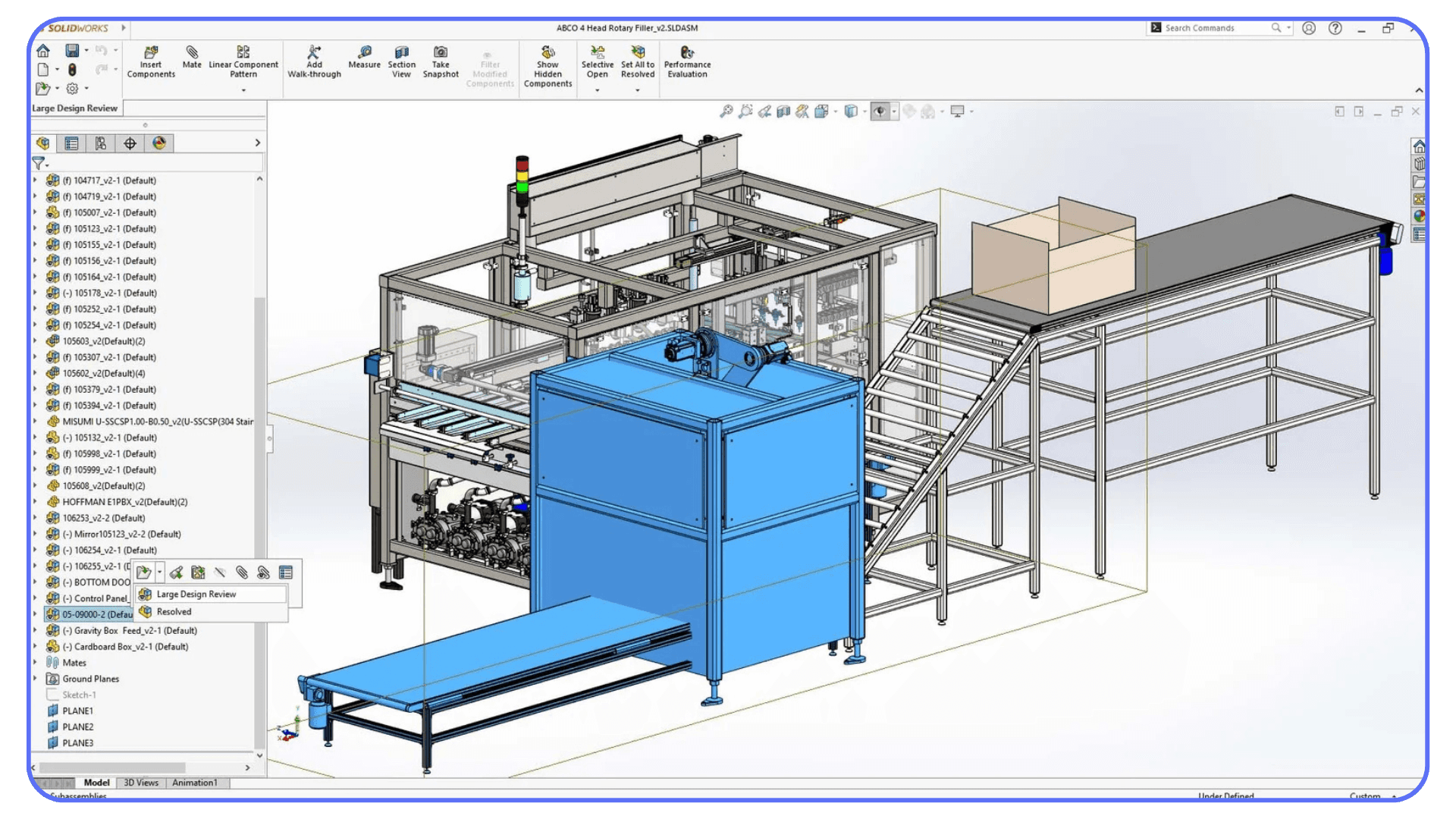 Large SolidWorks assembly of an industrial conveyor and machine system viewed in large design review mode