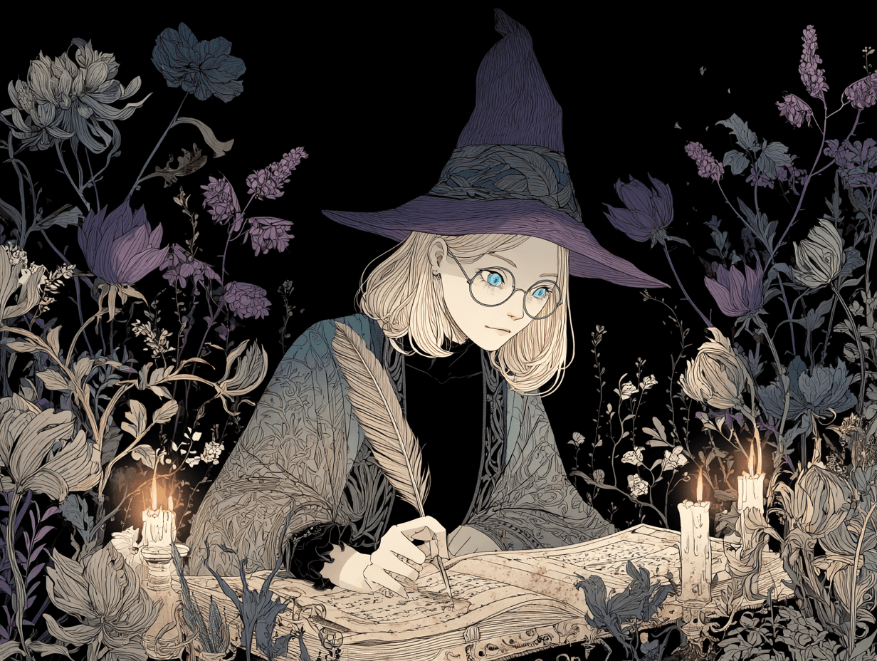 Blonde hair witch writing in a grimoire