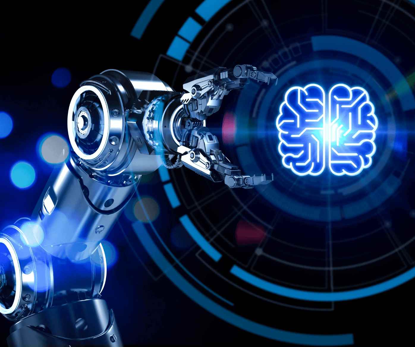 Robotic arm interacting with a digital AI brain interface representing AI-driven automation and intelligent technology