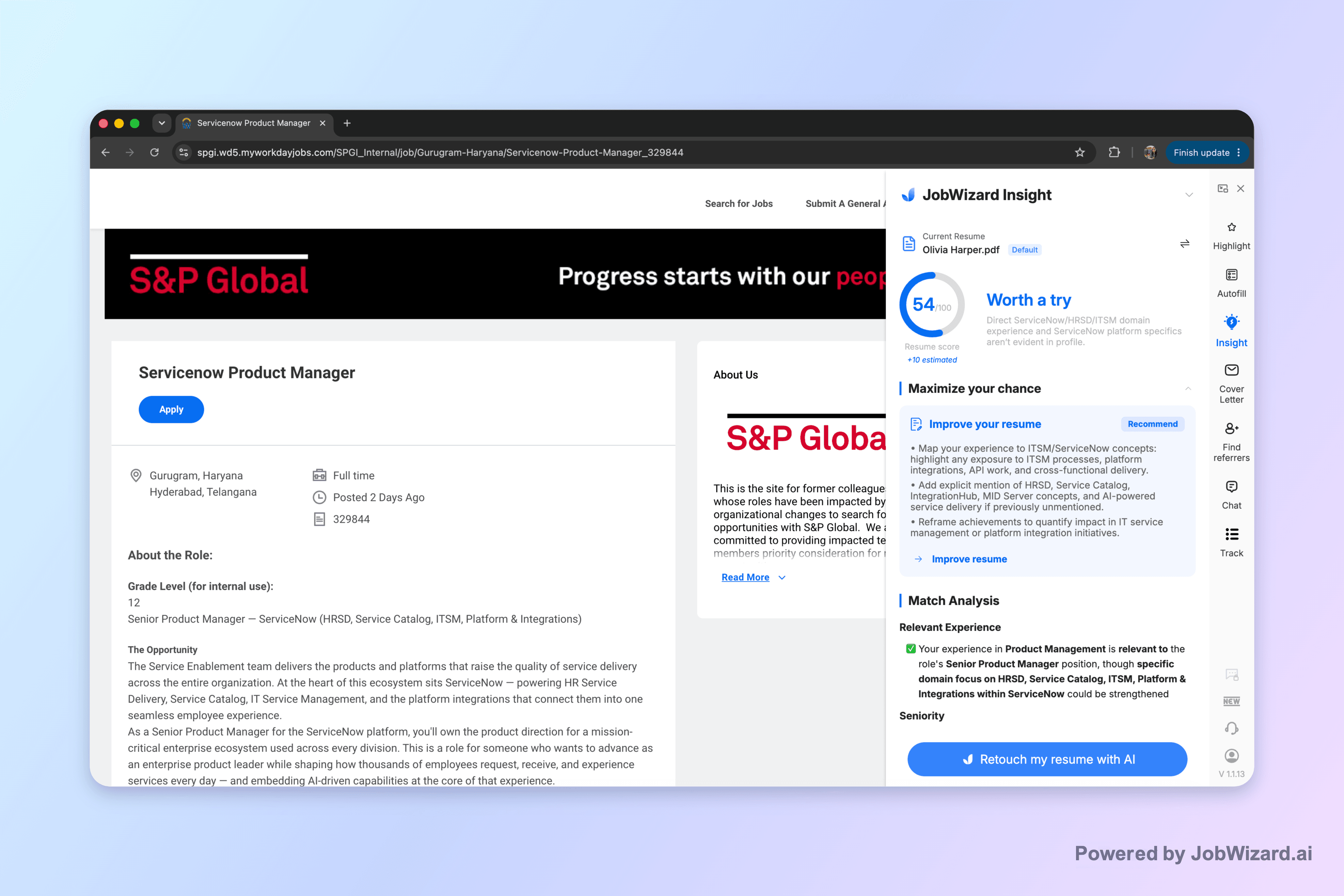 JobWizard Insight comparing a resume with a Workday job description and showing match guidance