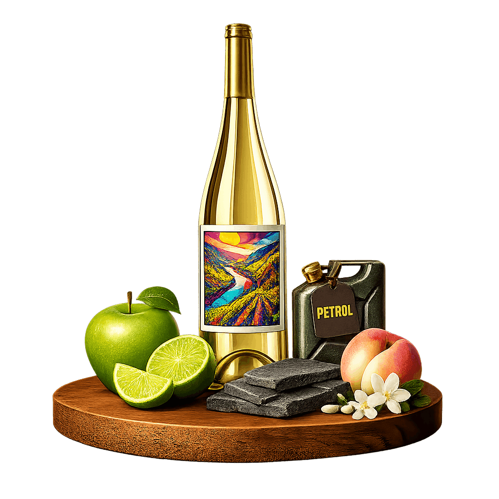 Artistic label and flavor profile for German Riesling Kabinett on a rustic wooden table.