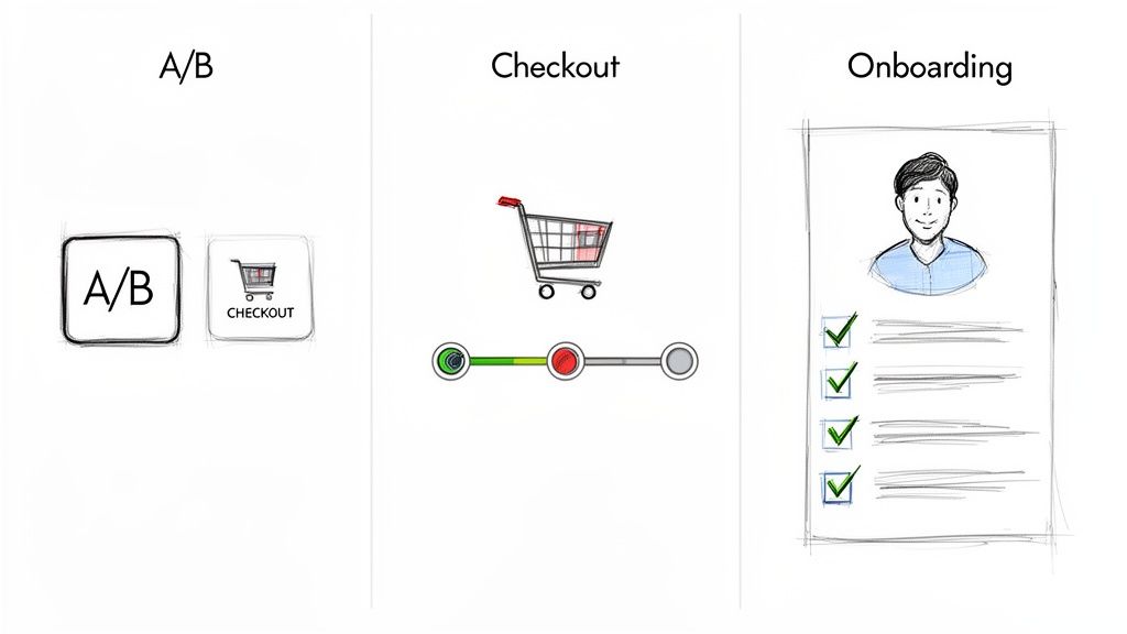 Illustration showing A/B testing, a checkout progress bar, and an onboarding checklist for user experience.