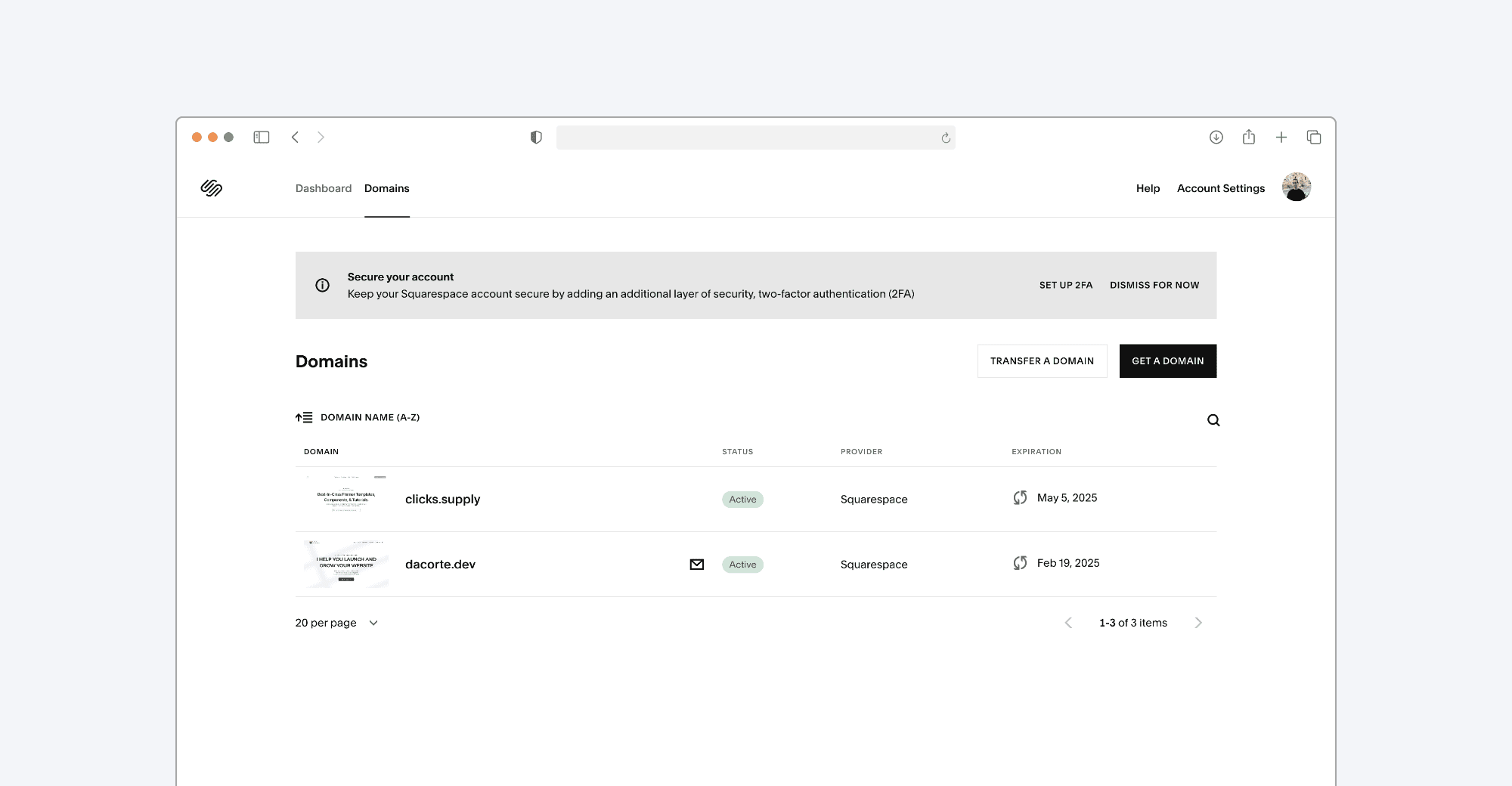 Squarespace's domain name registarar functionality