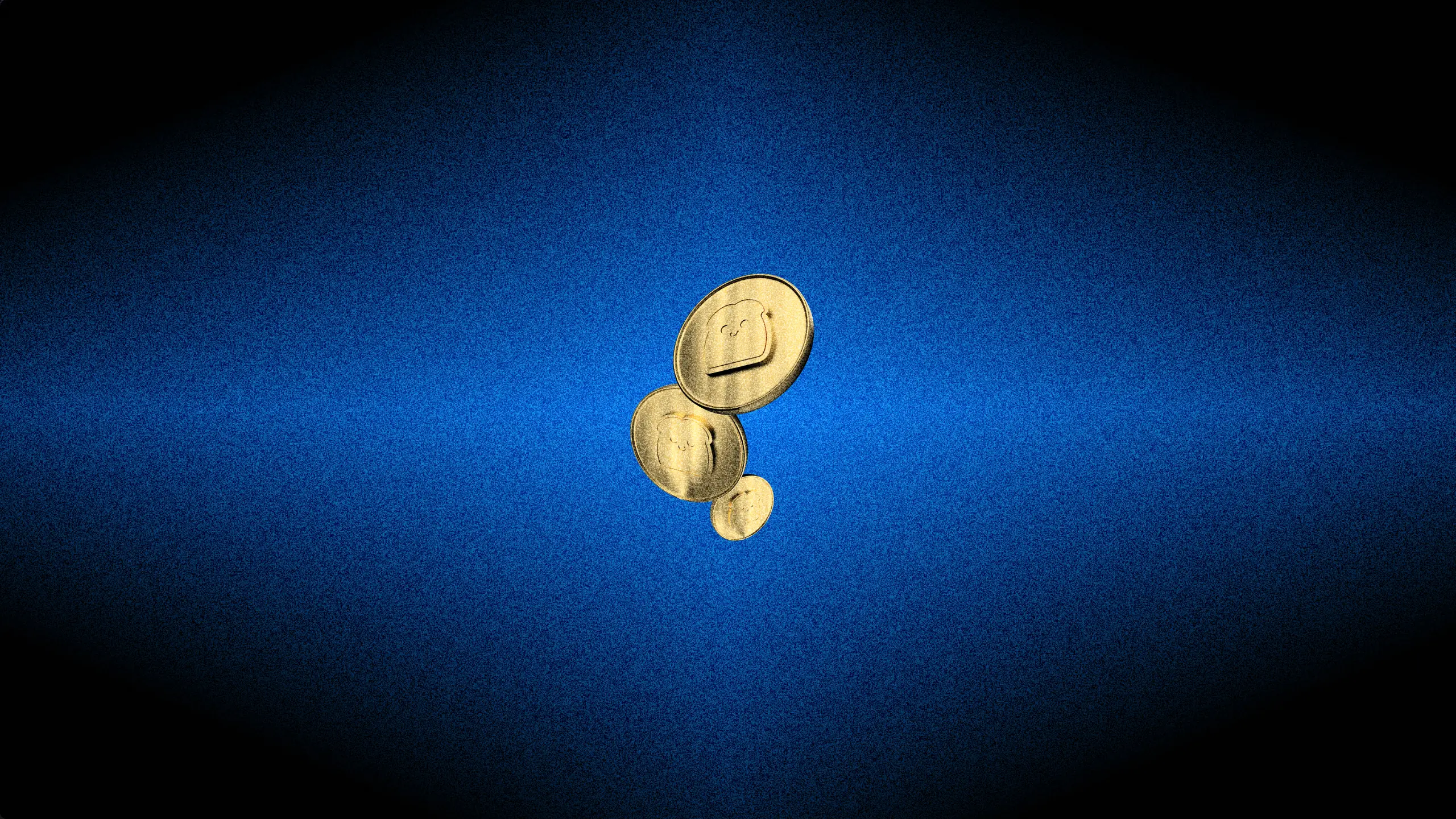 3D toast-shaped coin floating over a blue textured backdrop, created for a playful fintech web design project.