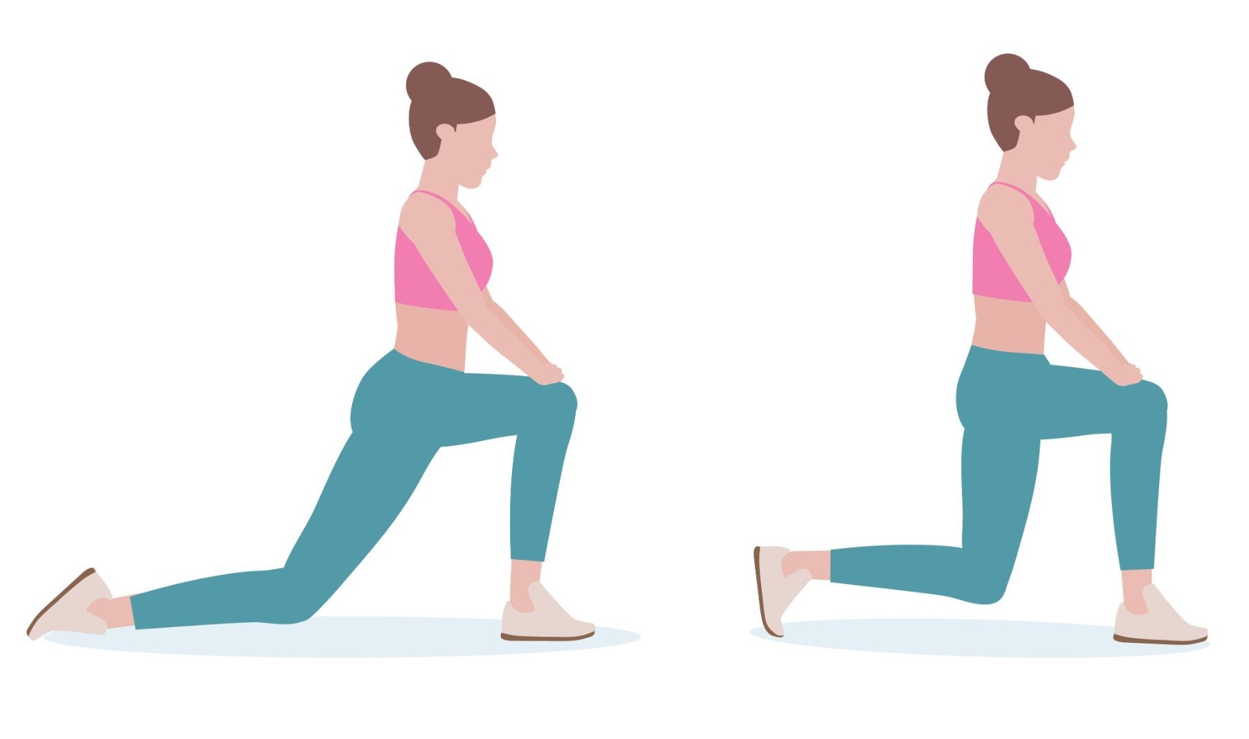 An illustration of a person performing a kneeling hip flexor stretch, showing the transition from a deep lunge with one knee on the ground to a more upright position.