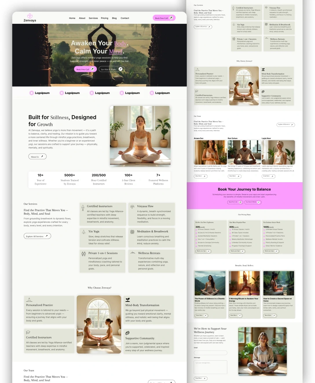 The webpage features a soothing design with a central image of a person practicing yoga in a serene setting, surrounded by soft, natural tones and various sections highlighting yoga benefits, testimonials, and class offerings.