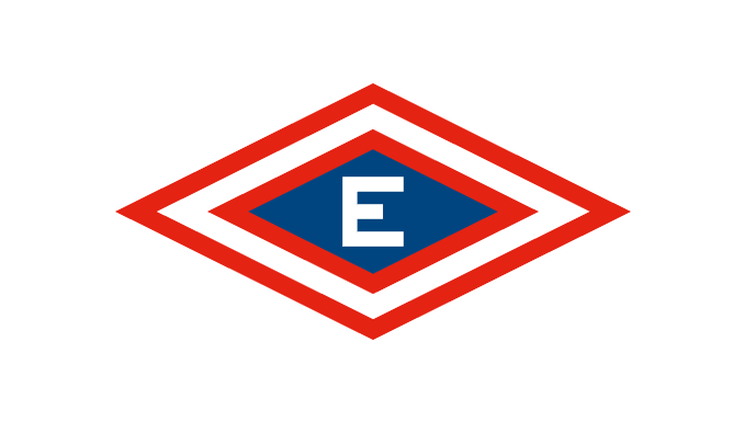 Logo featuring a red diamond shape with a blue background and a white letter "E" in the center.