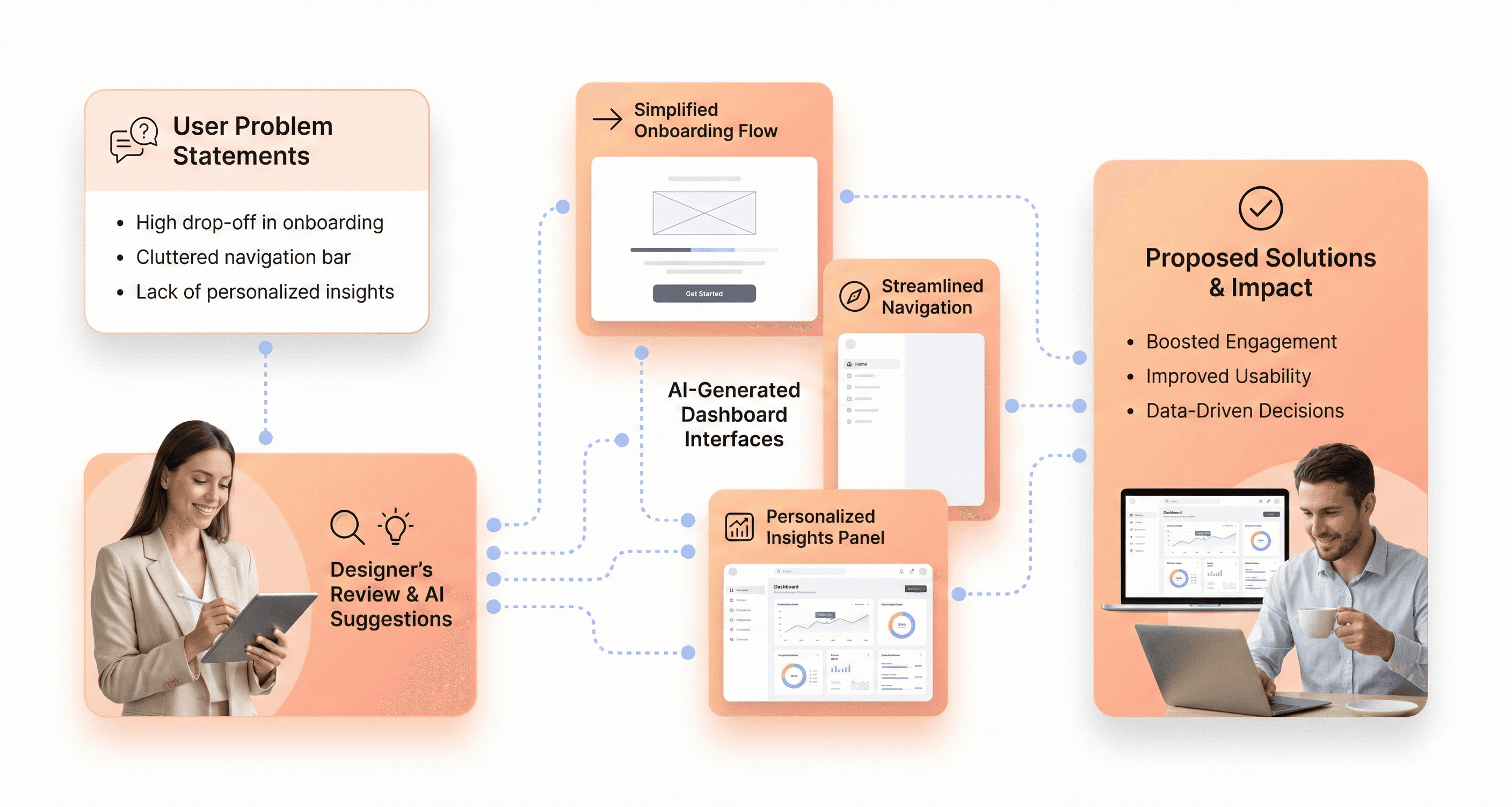 Human UI designer reviewing AI generated SaaS interface layouts to connect real user problems with product design decision