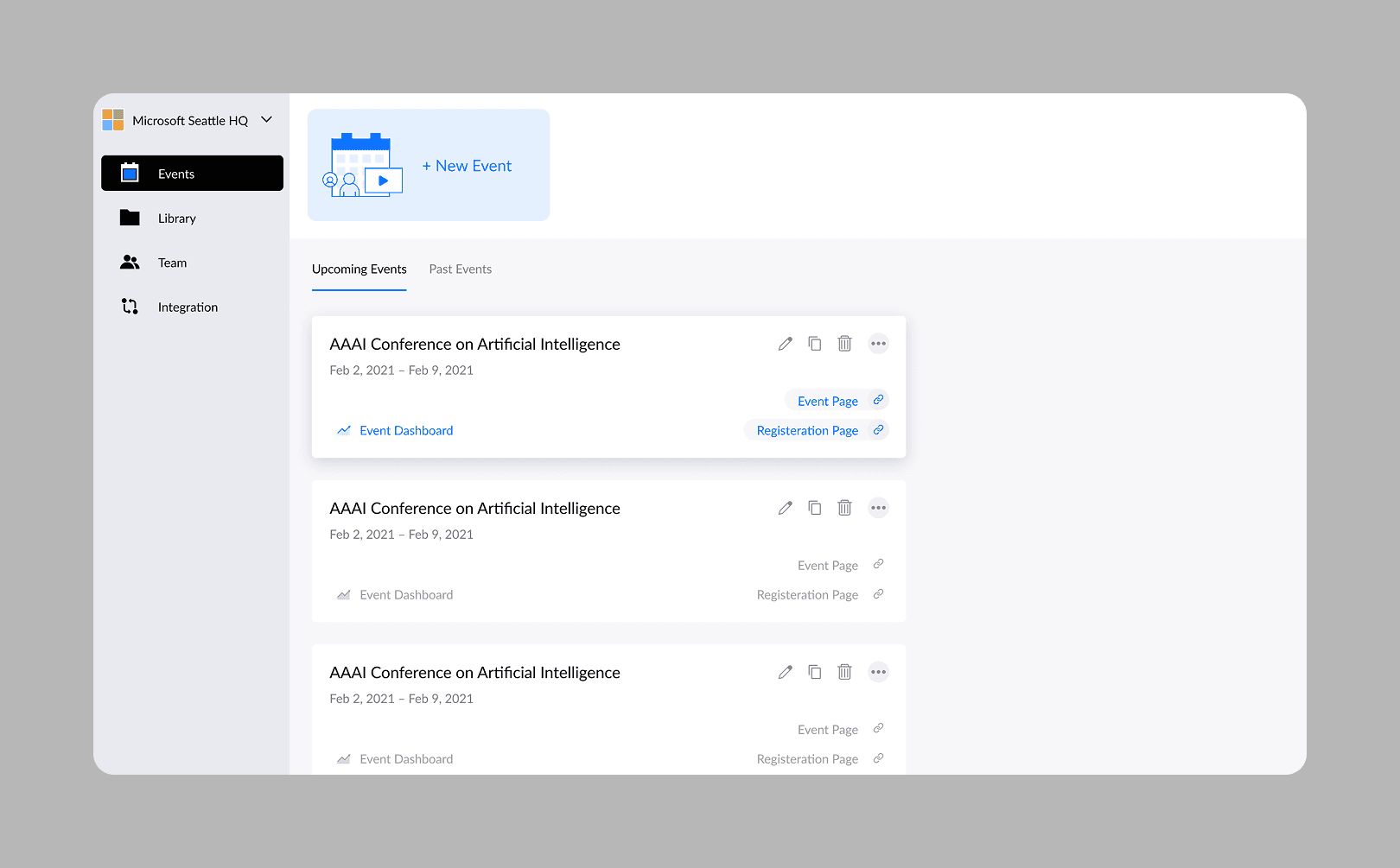 Centralized events dashboard enabling organizers to quickly create, manage, and navigate between multiple live and upcoming events.