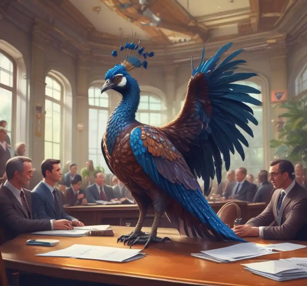 peacock in the middle of a meeting table