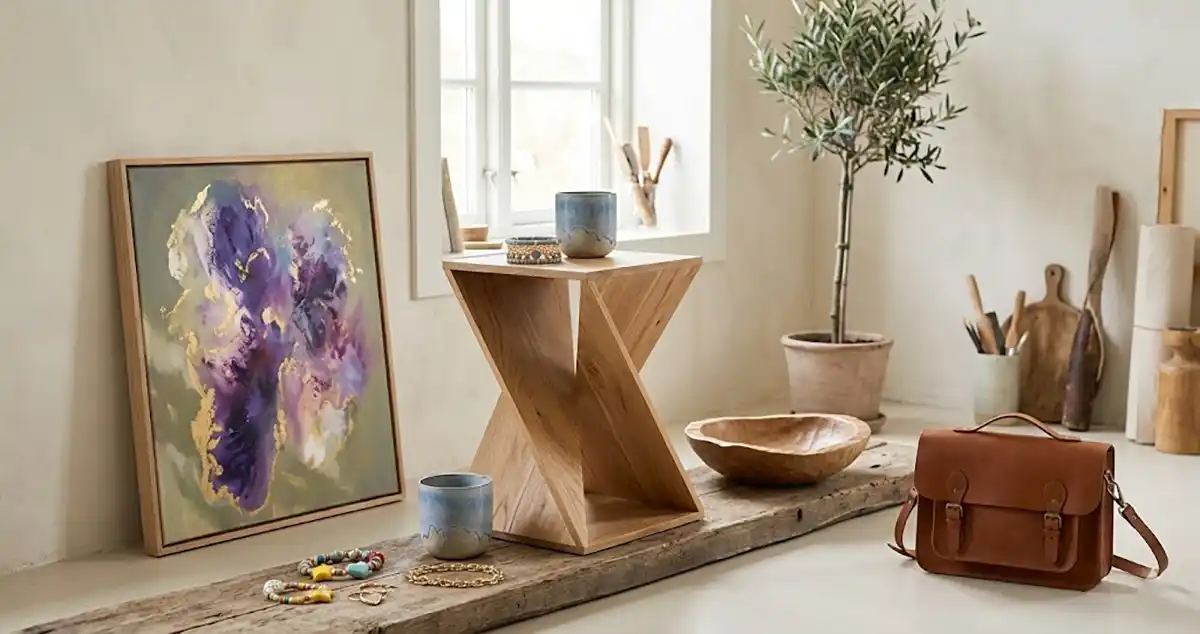 Interiørbilde som viser et utvalg av håndlagde gjenstander, inkludert et abstrakt maleri med lilla og gull, et geometrisk sidebord i tre, keramikkrus, smykker og en skinnveske, arrangert i et lyst rom.