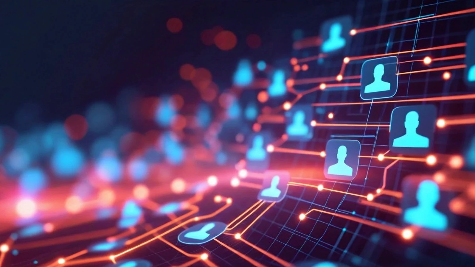 An AI-powered telephone call routing concept featuring a sleek, modern interface with glowing lines connecting phone icons, voice waveforms, and user profiles across a digital network. Neural-style circuits and abstract AI elements suggest intelligent