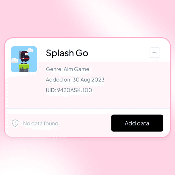 Game setup interface showing Splash Go game profile with details and add data button