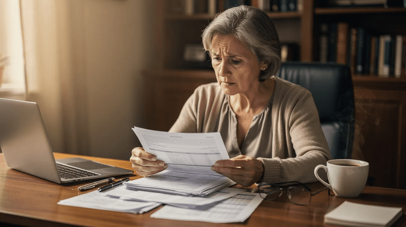 An older woman is seated at a desk, reviewing financial documents with a cup of coffee and reading glasses nearby. She appears to be considering important factors such as mortgage payments, property taxes, and the benefits of paying cash versus financing her next home.