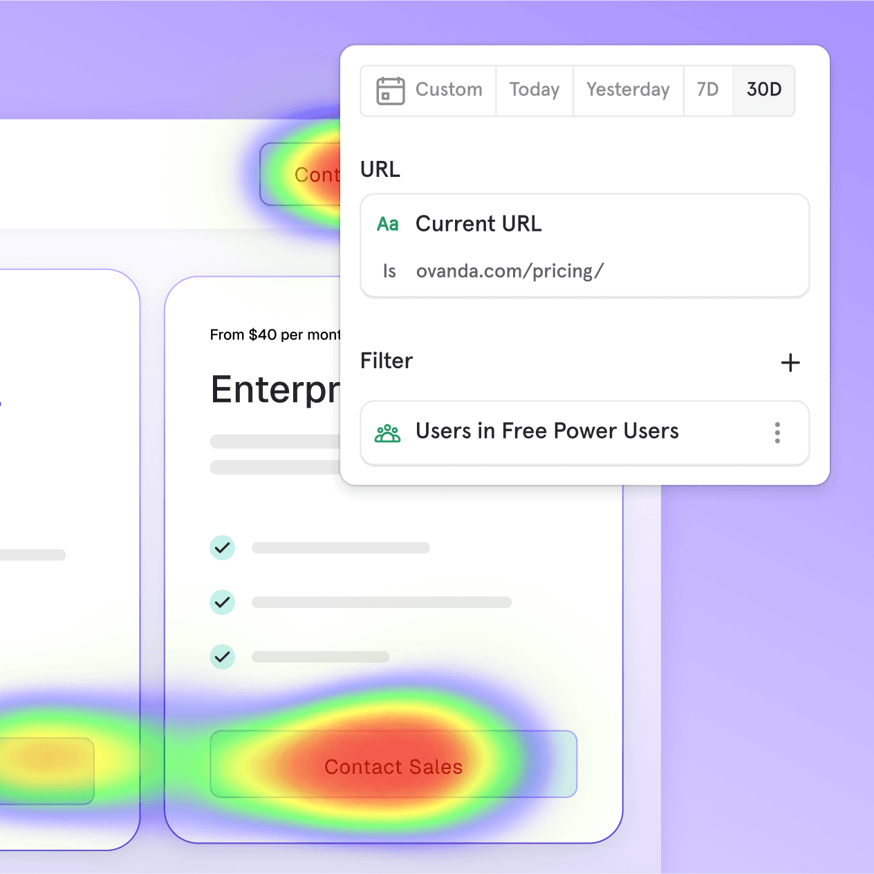 Image showing a heatmap overlaid on a pricing page, with colored fields that denote user interaction over the buttons, and a floating user interface that allows users to select a URL, adjust the time range, and apply a filter to see the heatmap for a specific user cohort.