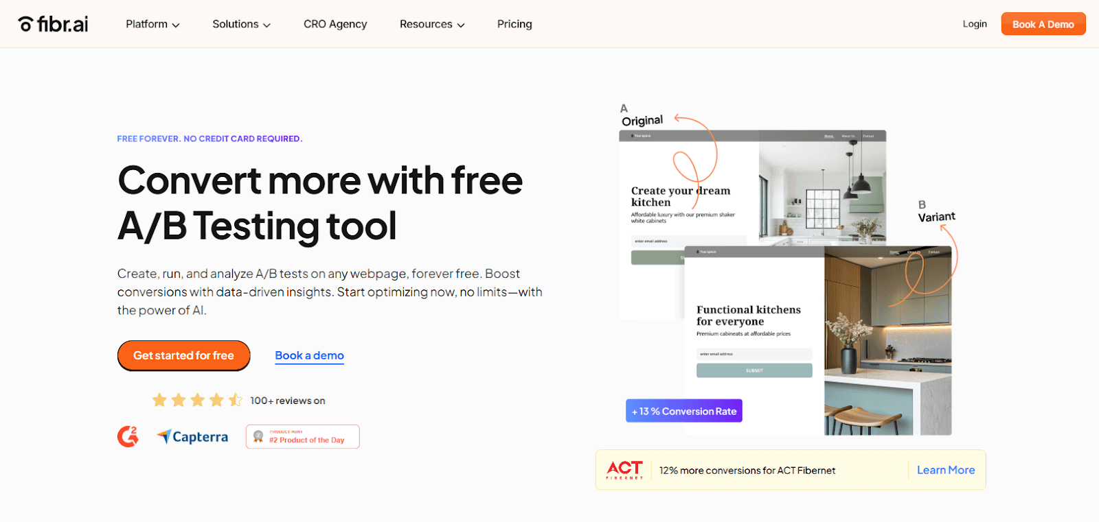 Fibr AI's landing page for A/B testing, important for tracking and analyzing A/B testing metrics.