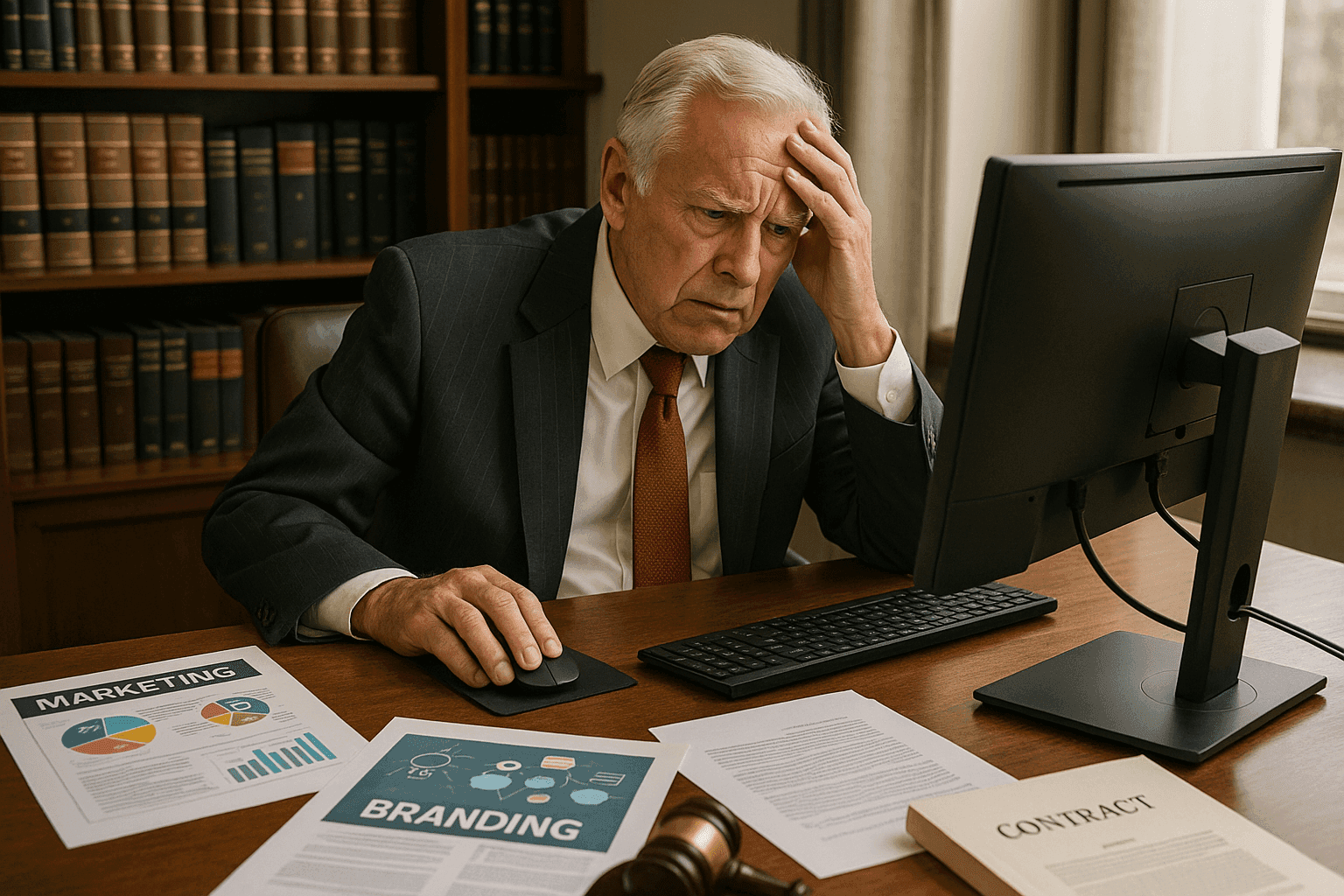 Senior law firm partner in expensive suit struggling with design software on computer, stressed expression