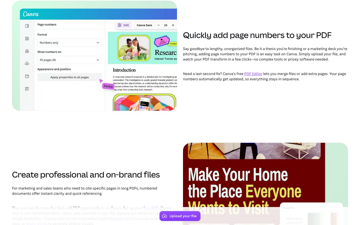Canva’s Page numbers panel, with the number format and the option to apply it to all pages