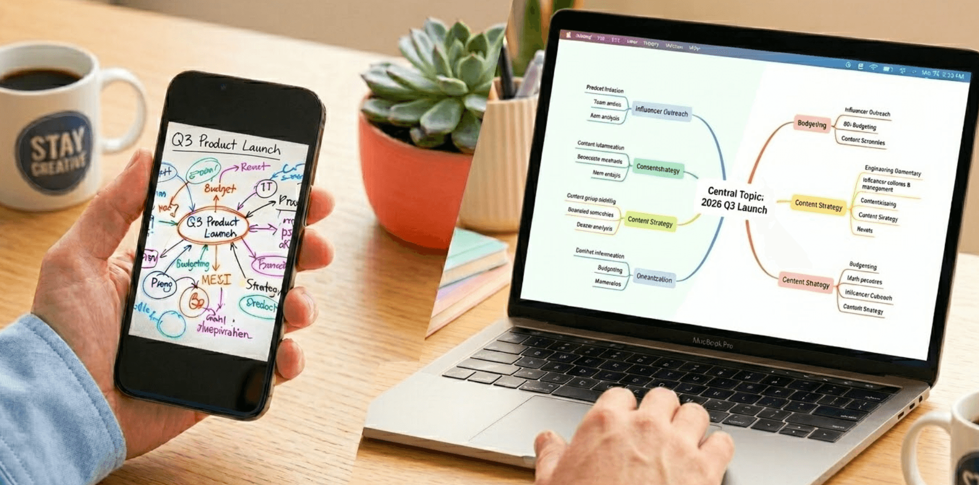 Person using a laptop and smartphone to turn a hand-drawn product launch mind map into a structured digital mind map