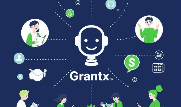 A robot with the subtext Grantx with images of people efficiently working in the periphery.