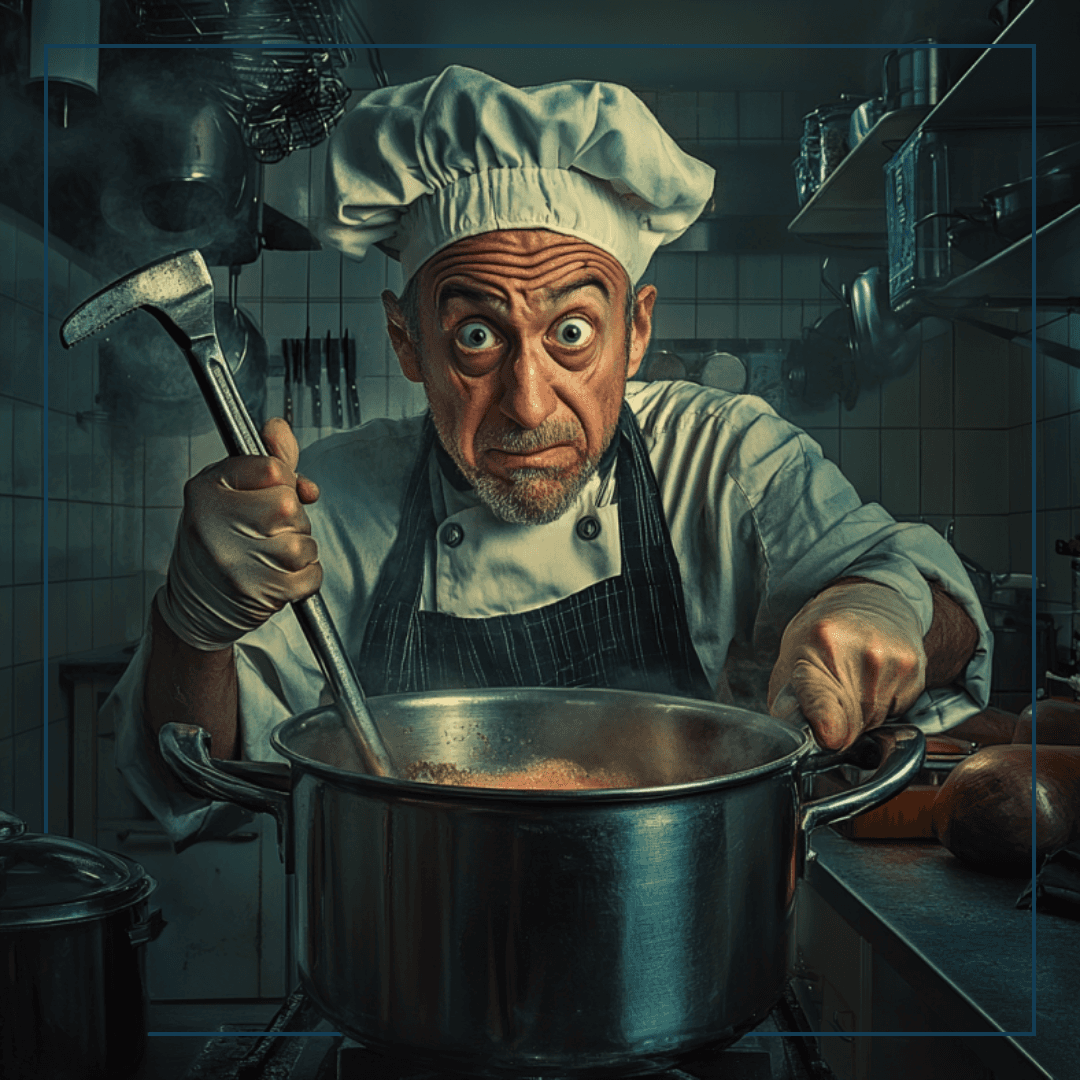 Ein Koch vor einem Topf mit falschem Werkzeug in dr Hand