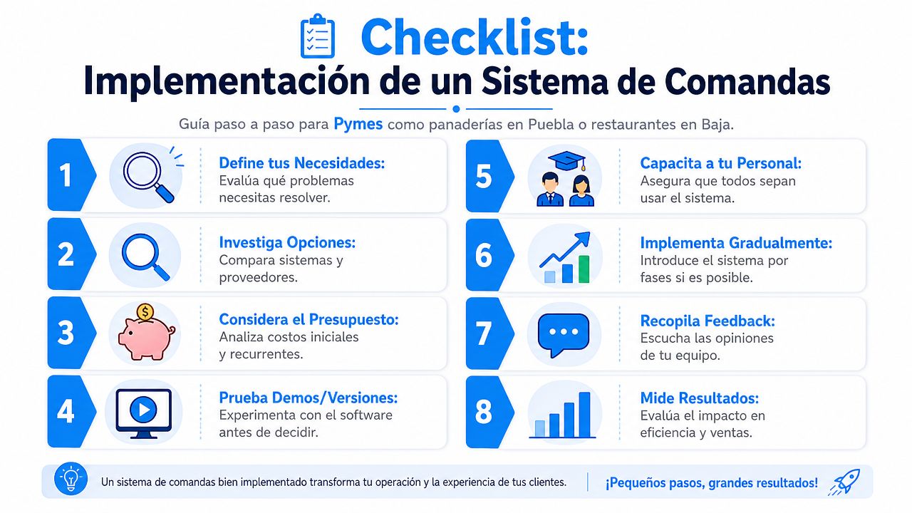 Infografía paso a paso para implementar un sistema de comandas eficiente en pequeñas empresas y restaurantes.