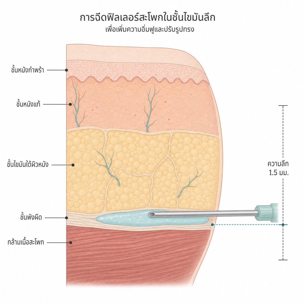 ภาพตัดขวางแสดงชั้นเนื้อเยื่อของสะโพกและตำแหน่งที่ฉีดฟิลเลอร์