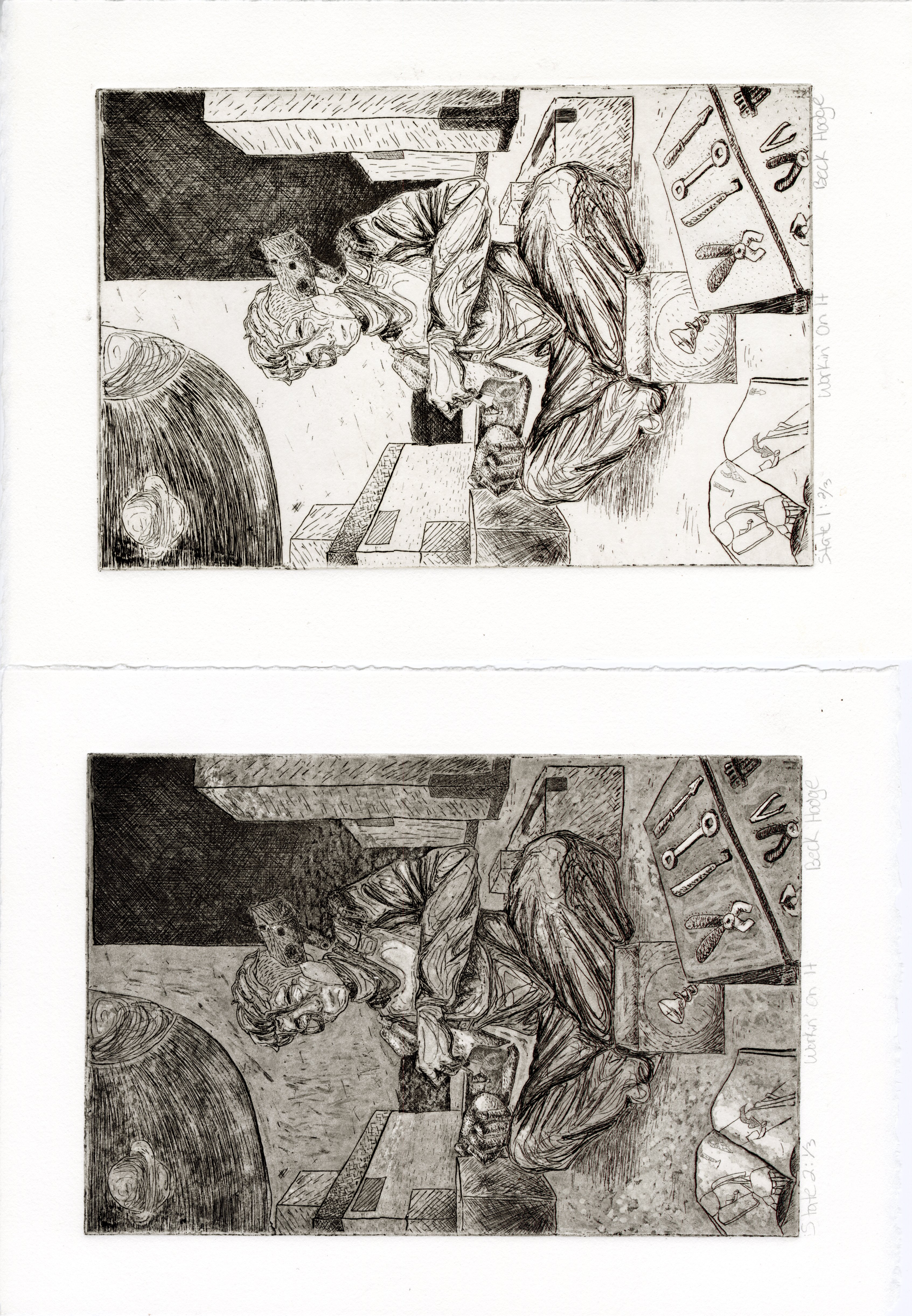 Two variations of an intaglio print side-by-side. The print features a seated figure that appears to be tinkering with their own cybernetic arm while inside a space station.