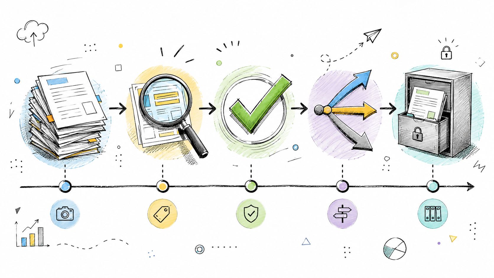 An illustrated five-step process showing document scanning, analysis, validation, routing, and digital archival in a filing cabinet.