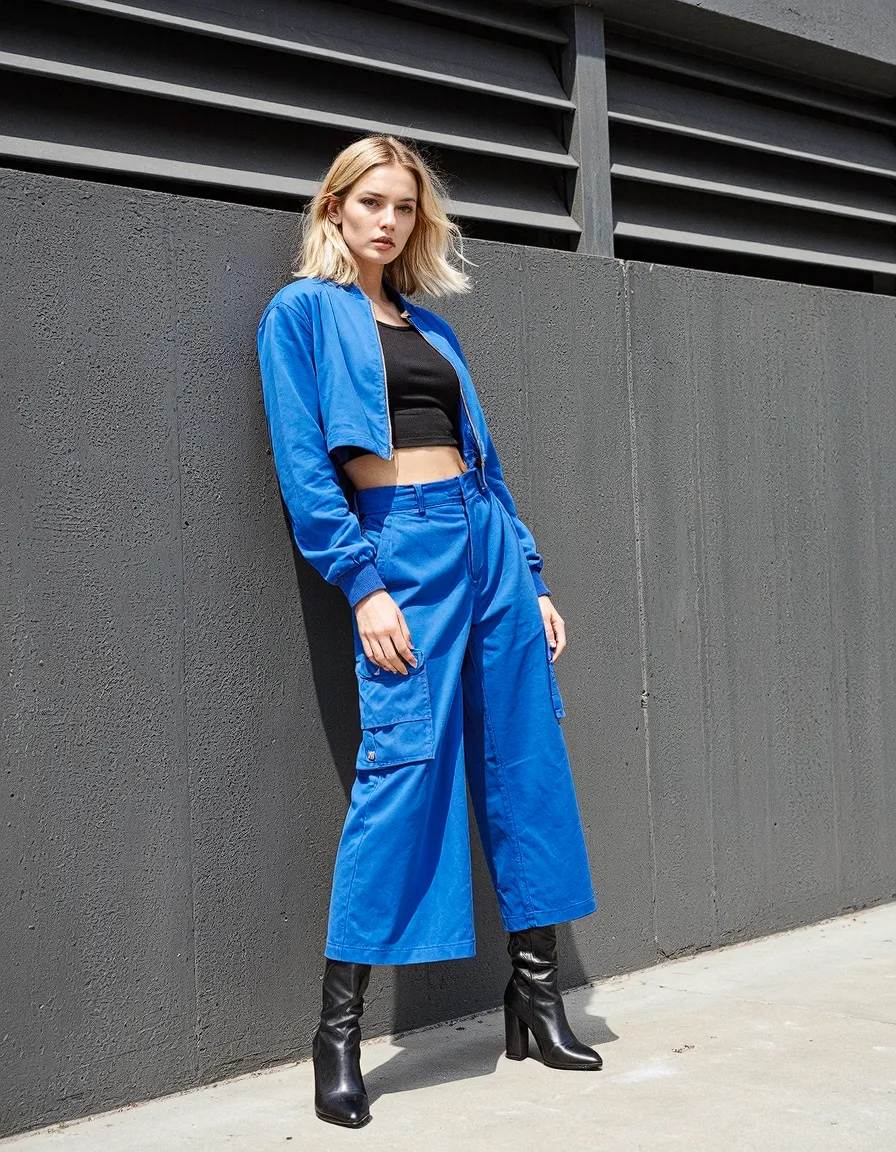 Woman in bright blue cropped jacket and wide-leg pants with black crop top against urban gray wall