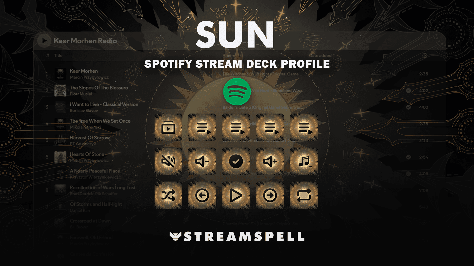 Sun Spotify Stream Deck Profile cover with warm golden sun-inspired Spotify controls