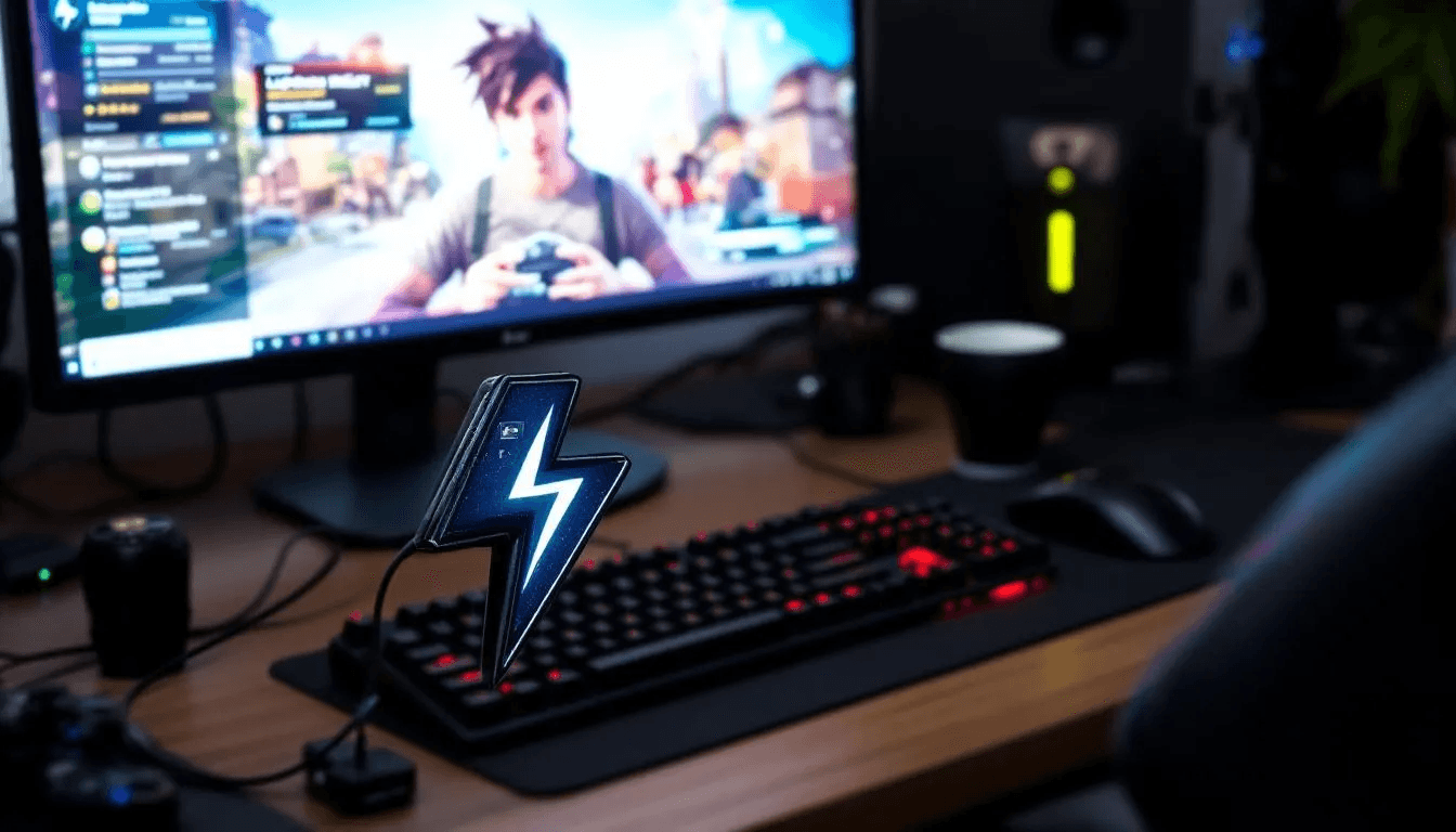 The image depicts a modern gaming setup featuring a computer screen displaying a lightning wallet interface for seamless in-game purchases. This integration allows for instant transactions and lower transaction fees through the lightning network, enhancing the gaming experience with efficient payment solutions.