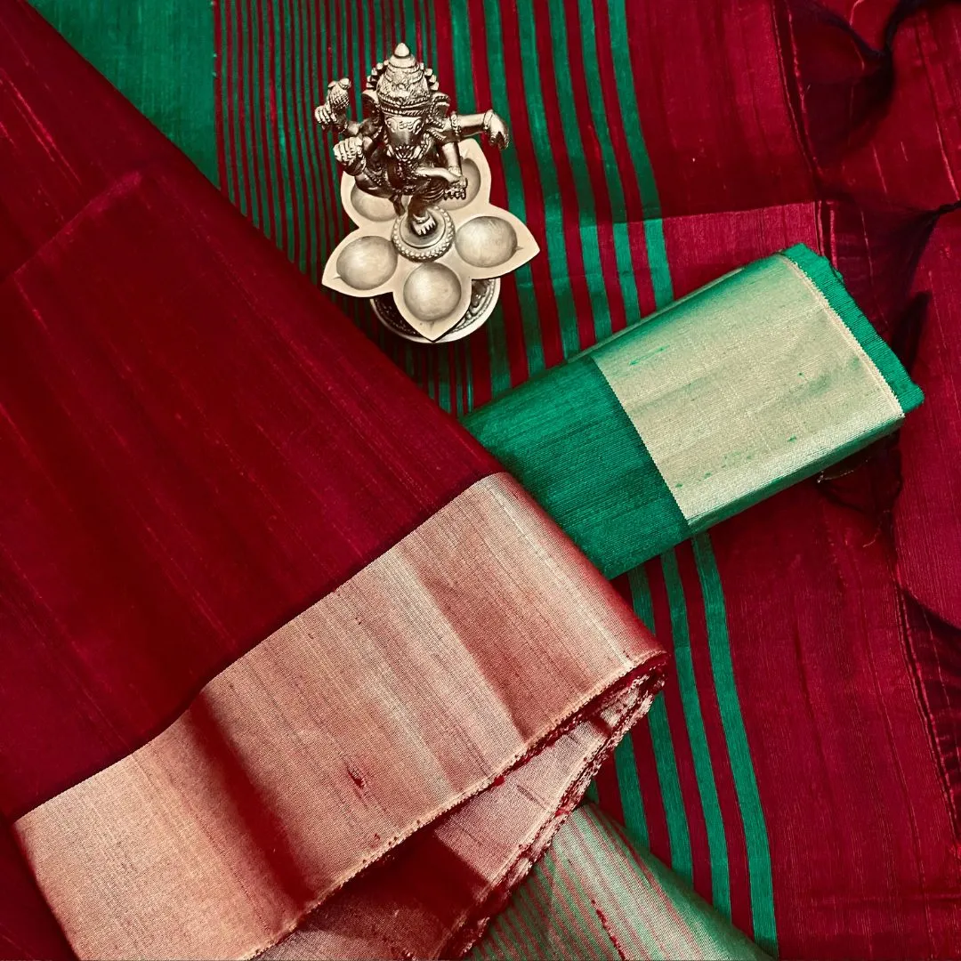 Dark Red Green Silk Cotton Saree