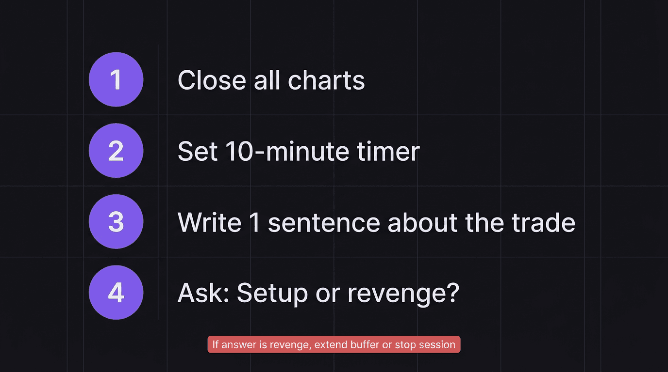 Checklist showing the 4-step 10-minute buffer protocol for traders after a loss