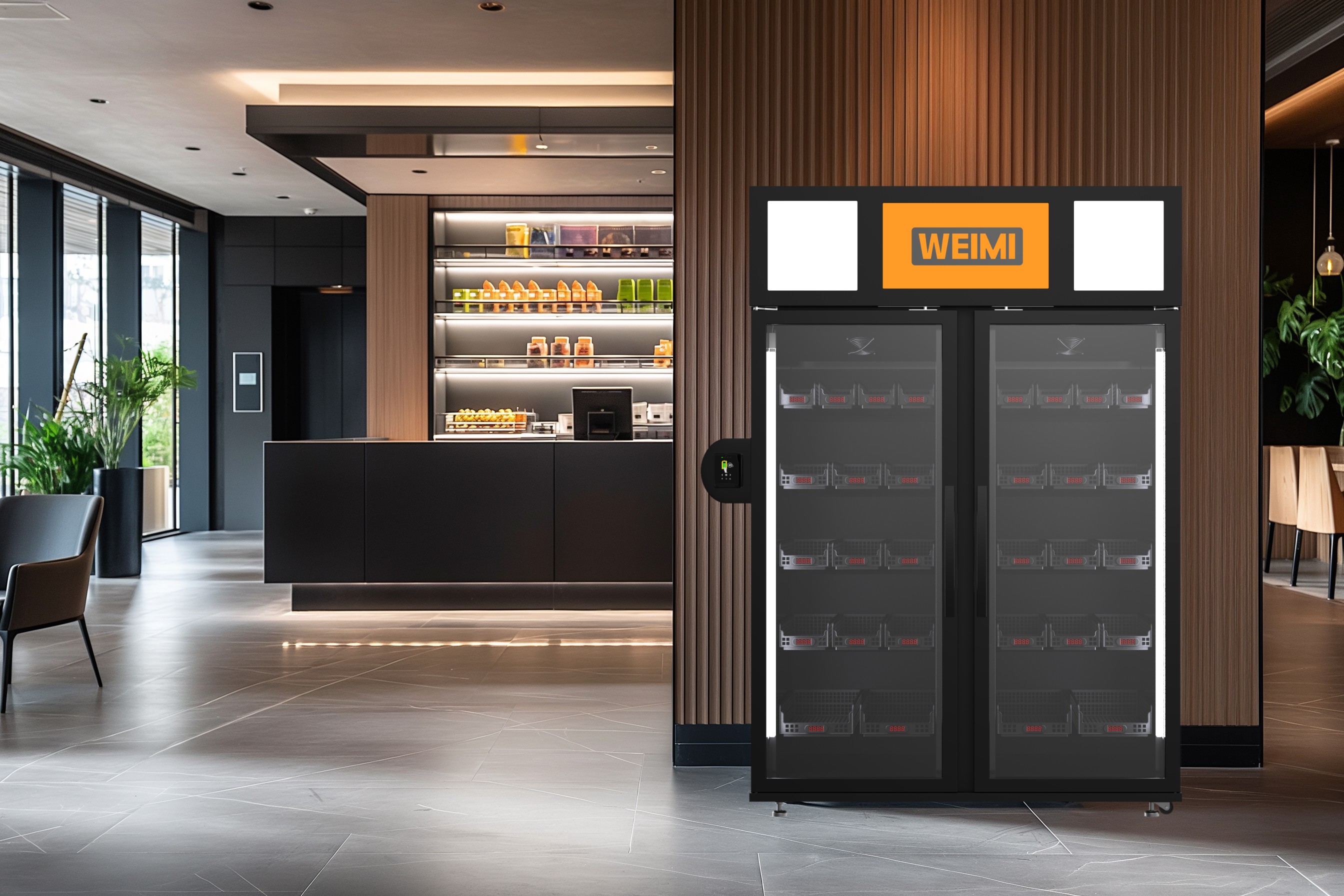 WEIMI divdurvju viedais pašapkalpošanās ledusskapis modernā kafejnīcas un veikala interjerā