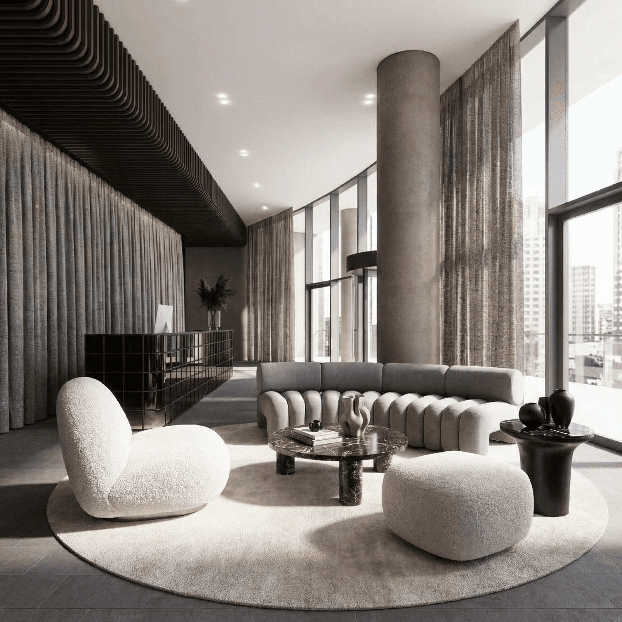 Sculptural interior with curved textured walls, smooth wooden panels, and warm ambient lighting.