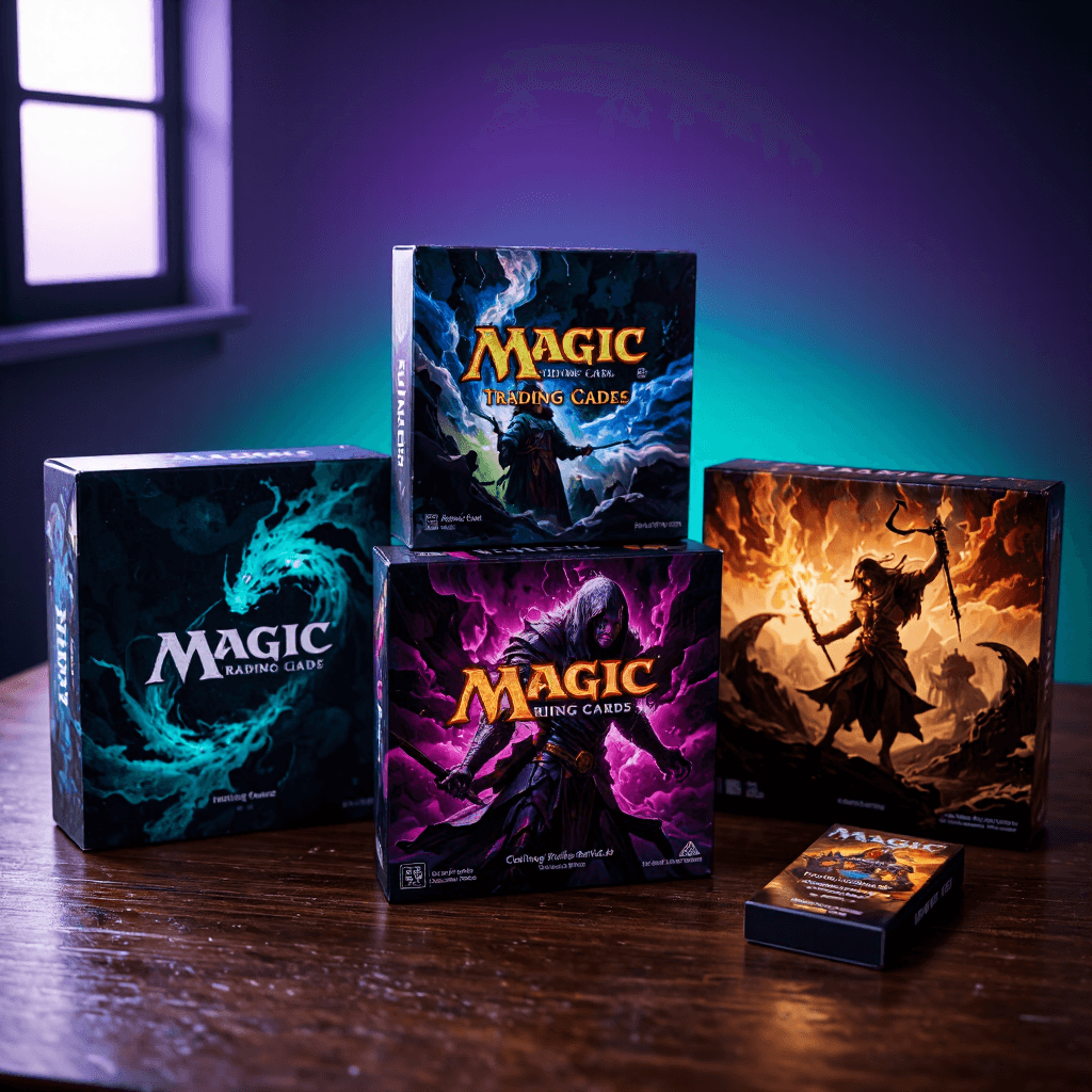 product photography of a collection of trading card game boxes
