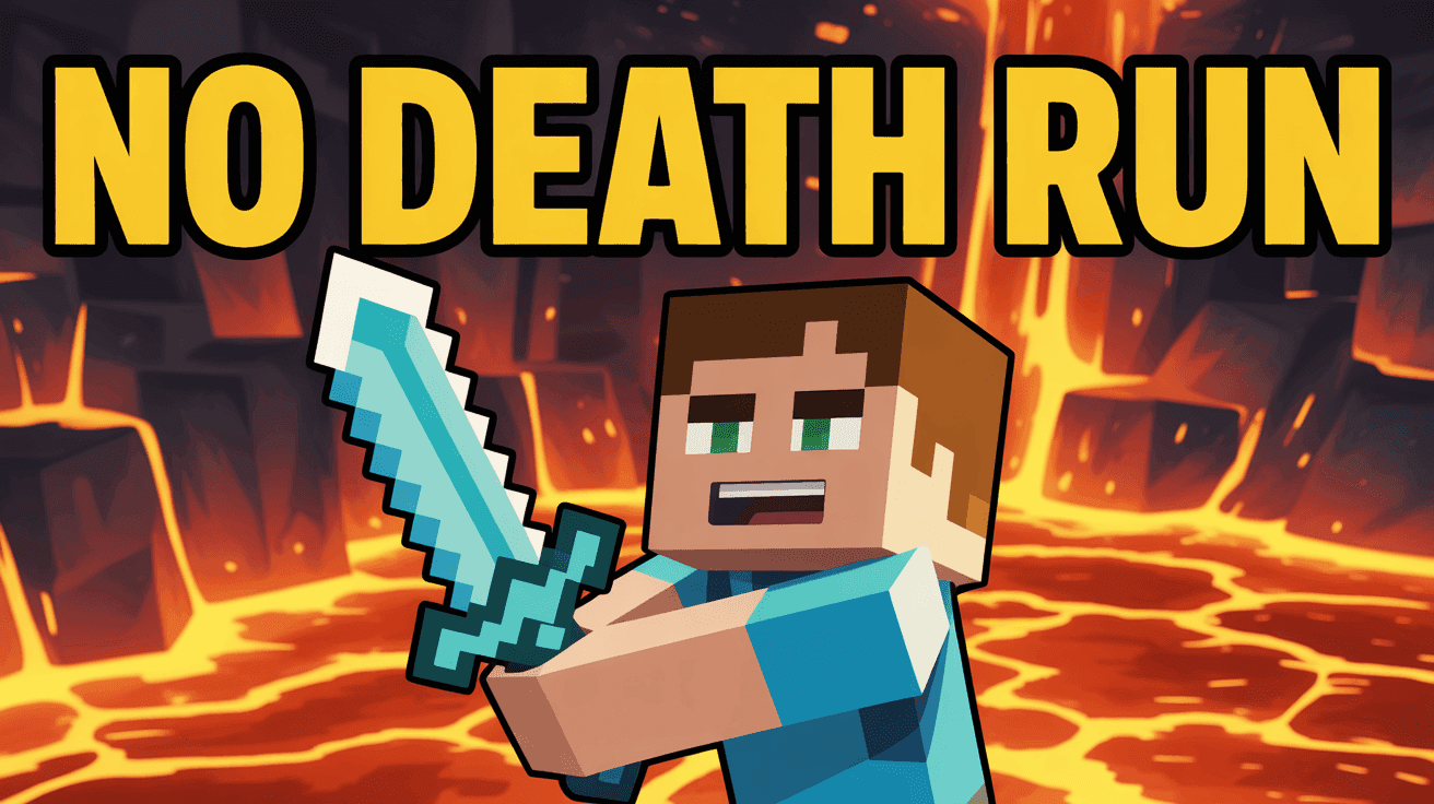 Minecraft hardcore survivor wielding a diamond sword in a lava-lit Nether fortress with bold NO DEATH RUN headline