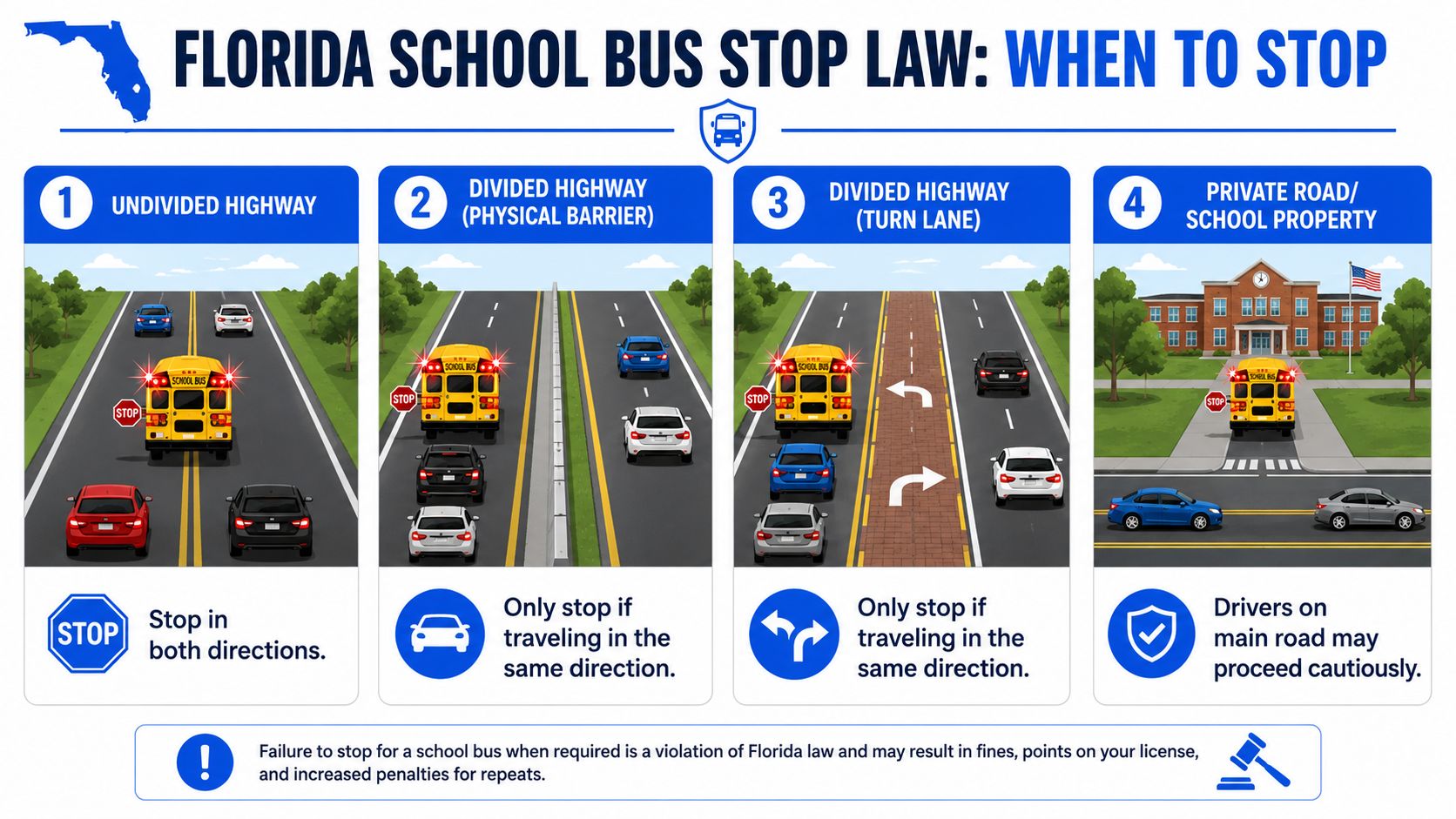 A diagram explaining when drivers must stop for school buses according to Florida state traffic laws.