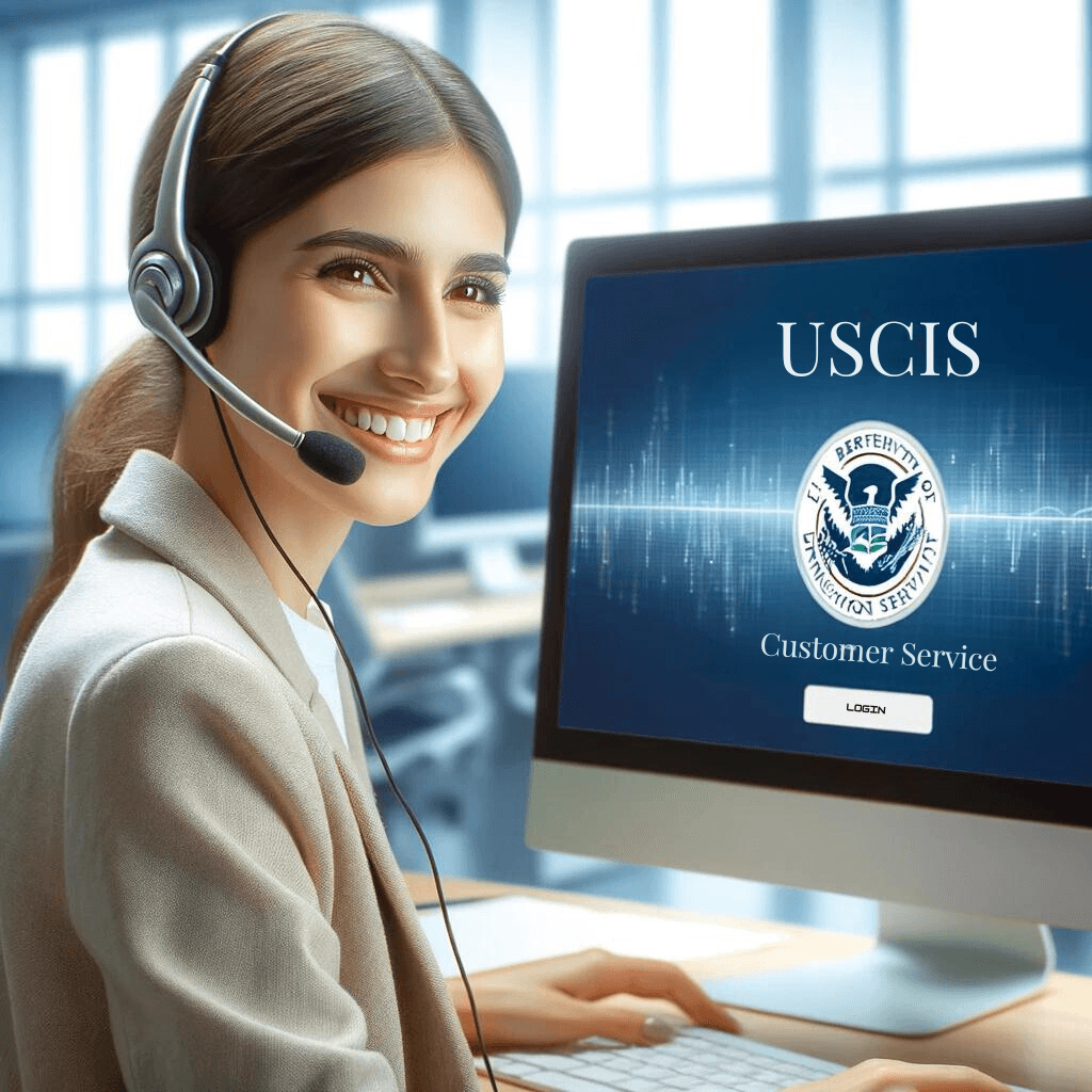 Smiling customer service representative with a headset ready to assist, with a computer screen displaying the USCIS logo, symbolizing helpful USCIS customer support.