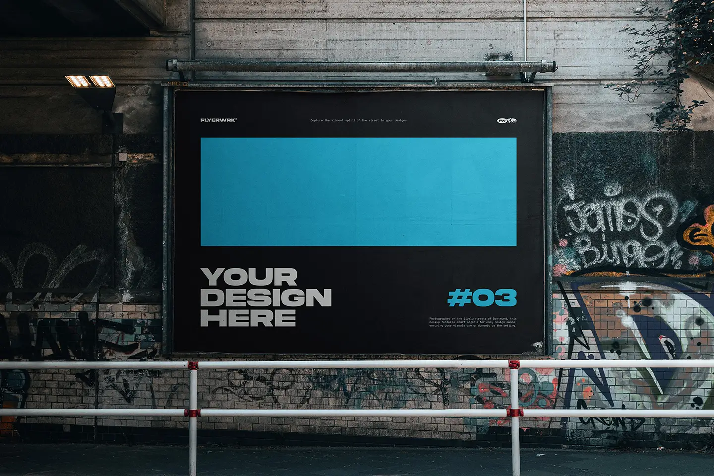 Urban billboard mockup displaying poster design on graffiti wall in daylight